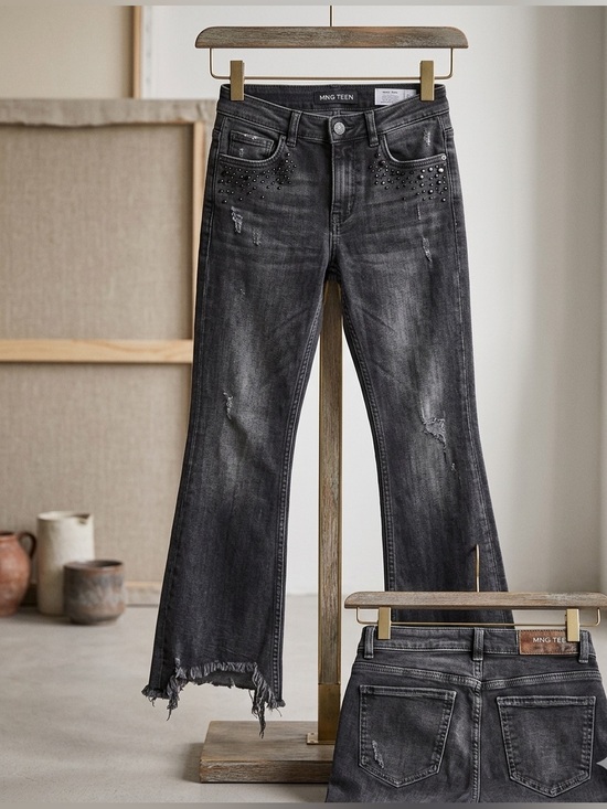 Mango Denim - MNG Mango Rhinestone Embellished Black Flare Jeans - Size XS